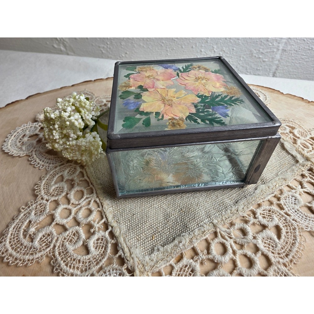 Vintage Stained Glass Jewelry Box Pressed Flowers Frosted Floral FLAWED GLASS